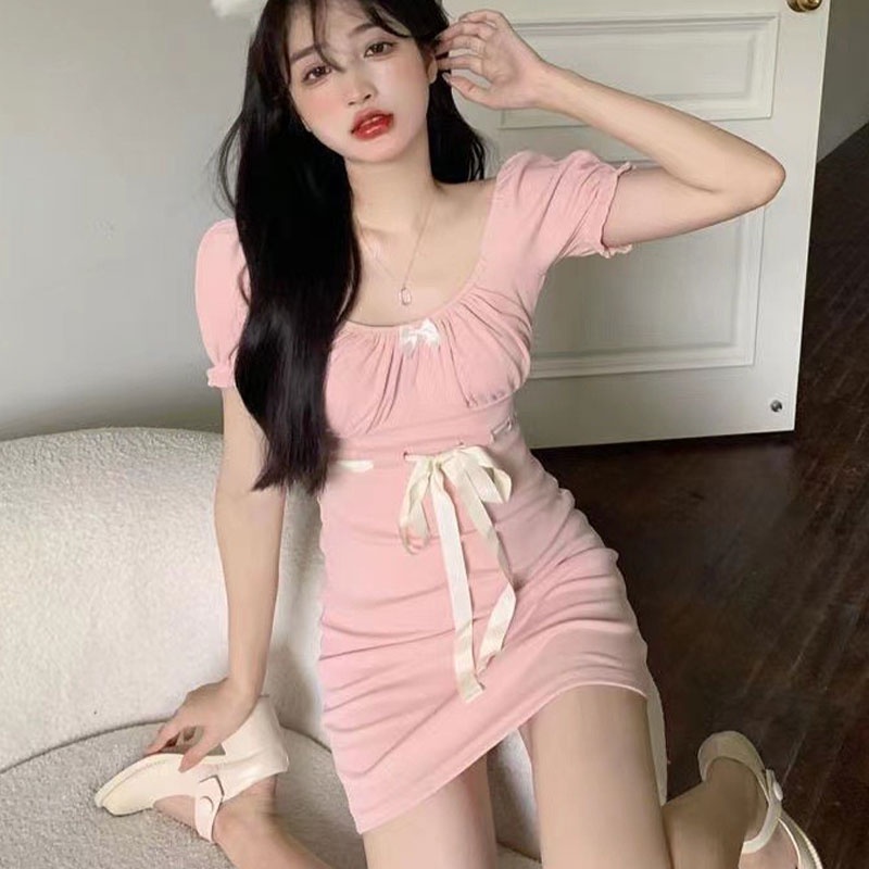 Xin LAN YA SHE Đầm Hồng Tay Ngắn Cổ Tròn Thắt Nơ Phong Cách Hàn Quốc Cho Nữ váy thiết kế tay bồng