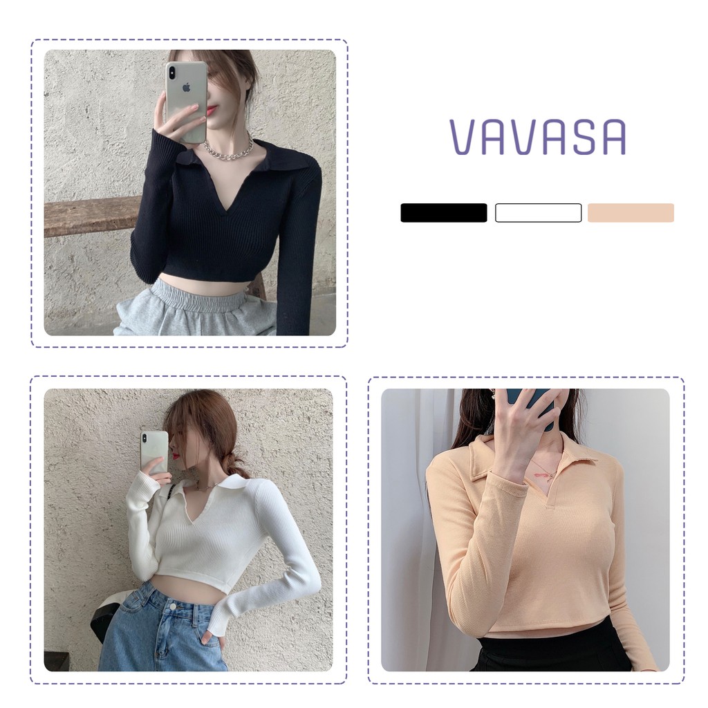 Áo croptop nữ tay dài kiểu ôm polo có cổ bigsize thun body VAVASA CT06 ...