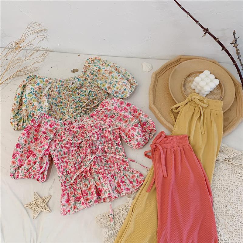 Bộ Áo Trễ Vai In Hoa + Quần Ống Rộng Cho Bé Gái