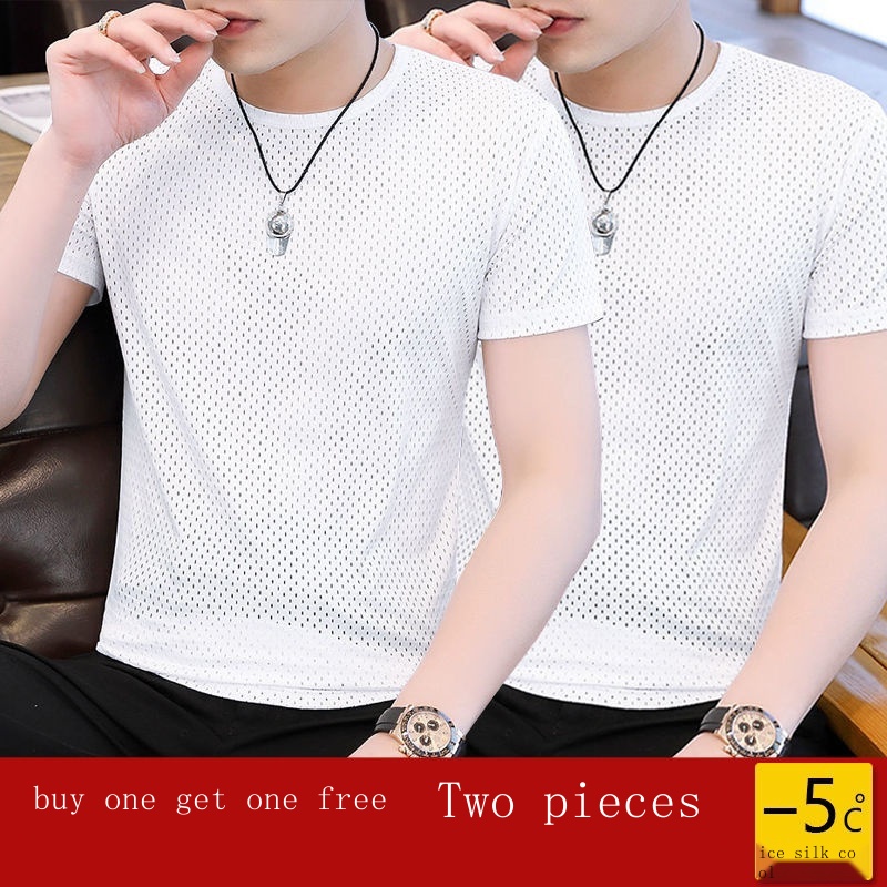 Áo nam Cổ Thuyền Buồm besar lelaki-5°Set 2 Áo Thun Tay Ngắn Chất Liệu Lụa Lạnh Phối Lưới Thoáng Khí Nhanh Khô Cho Nam Giới 2 Mảnh