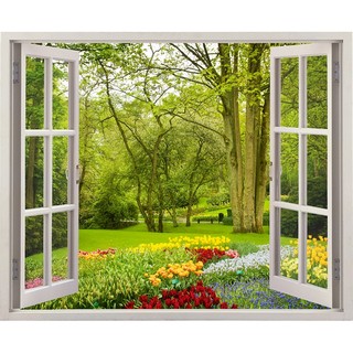Tranh dán tường cửa sổ 3d cảnh vườn hoa đẹp vtc vt0098 kim sa