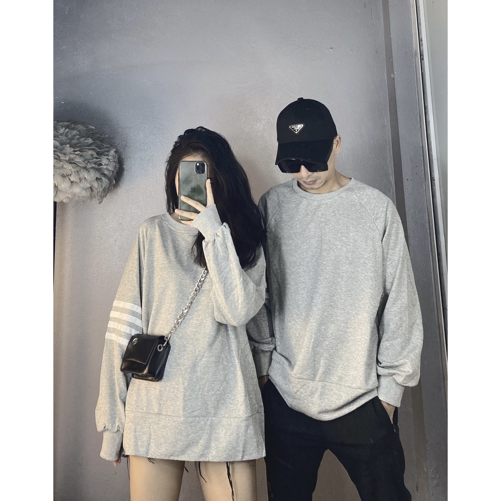 [Ảnh Thật] Áo Thun Nỉ Da Cá Dài Tay Unisex 1 Bên Tay Kẻ 2 Màu Xám/Trắng | BigBuy360 - bigbuy360.vn