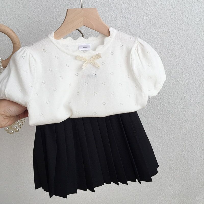 Áo Dệt Kim Mỏng Tay Ngắn Phồng Đính Nơ Phong Cách Phương Tây Cho Bé Gái