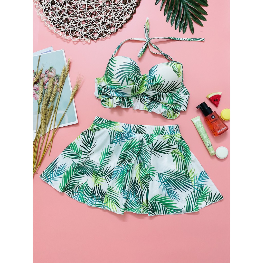 Bikini hai mảnh váy xòe 🏖️Freeship🏖️ họa tiết hoa lá lá cọ quần cạp cao mặc đi biển đi bơi mới nhất