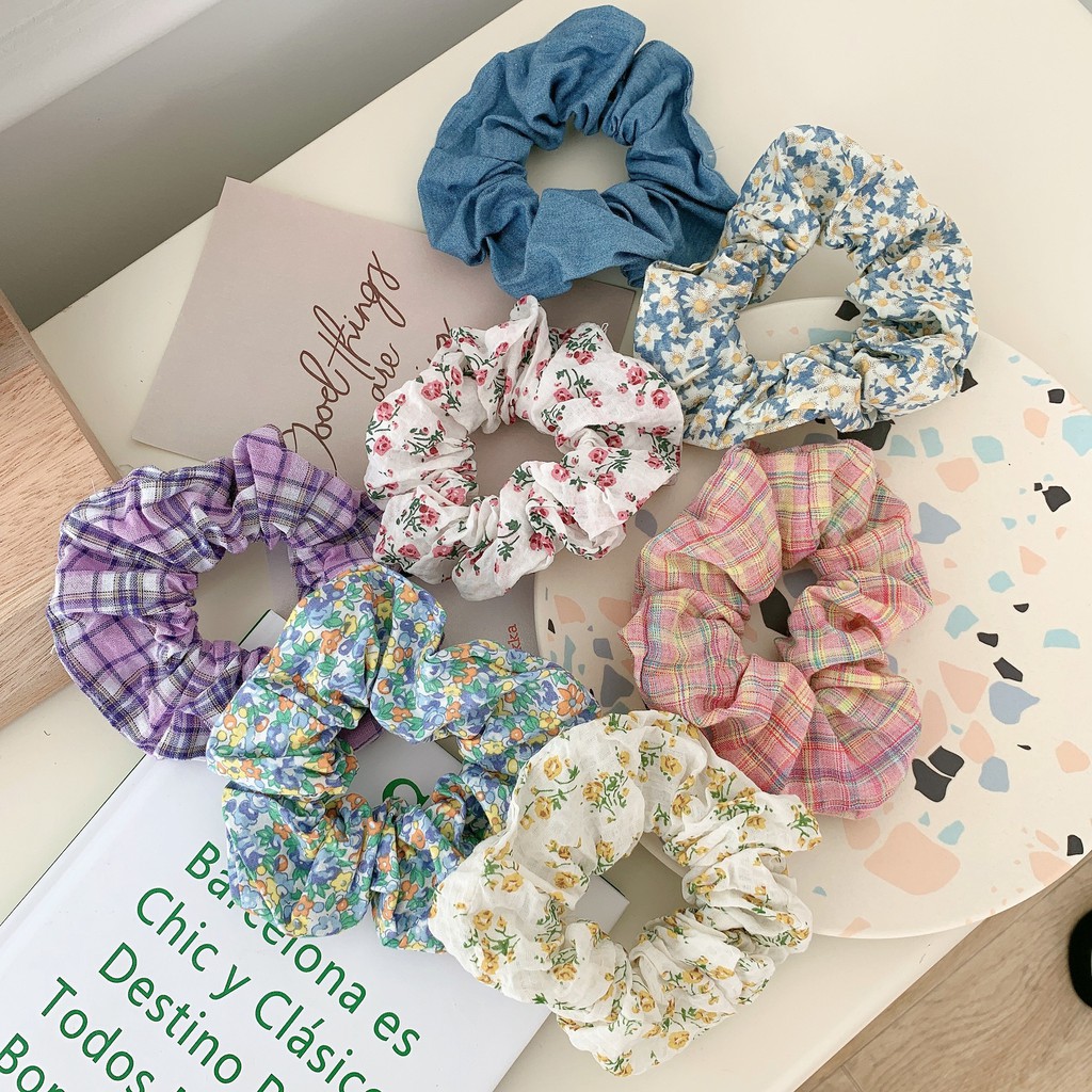 Cột Tóc Vải Scrunchies Họa Tiết Kẻ Và Hoa, Dây Buộc Tóc Scrunchies Sắc màu