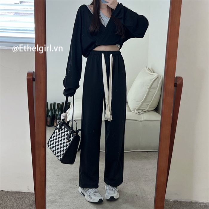 Quần thể thao lưng cao dáng rộng thiết kế đơn giản thời trang cho nữ