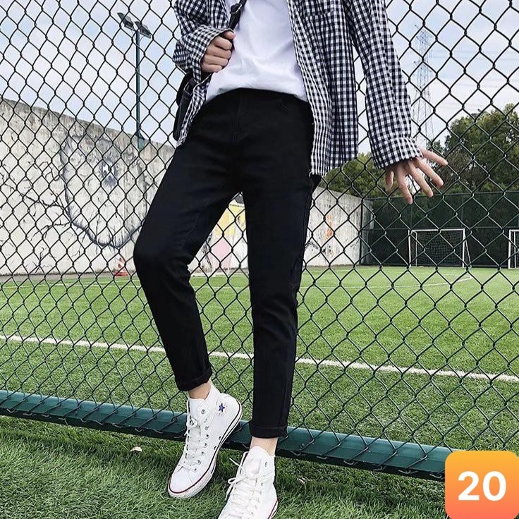 Quần jean nam màu đen trơn kéo khóa rách gối chất liệu bò jeans cao cấp co dãn 4 chiều đẹp form rin skinny LAVADO03