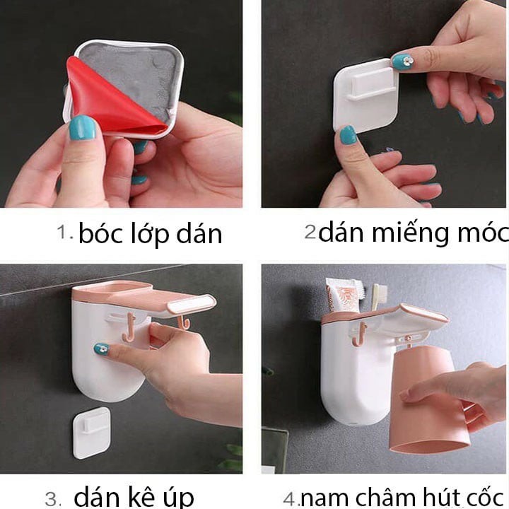 Cắm bàn chải và kem đánh răng sử dụng từ tính dán cường lực siêu chắc tặng kèm 1 cốc