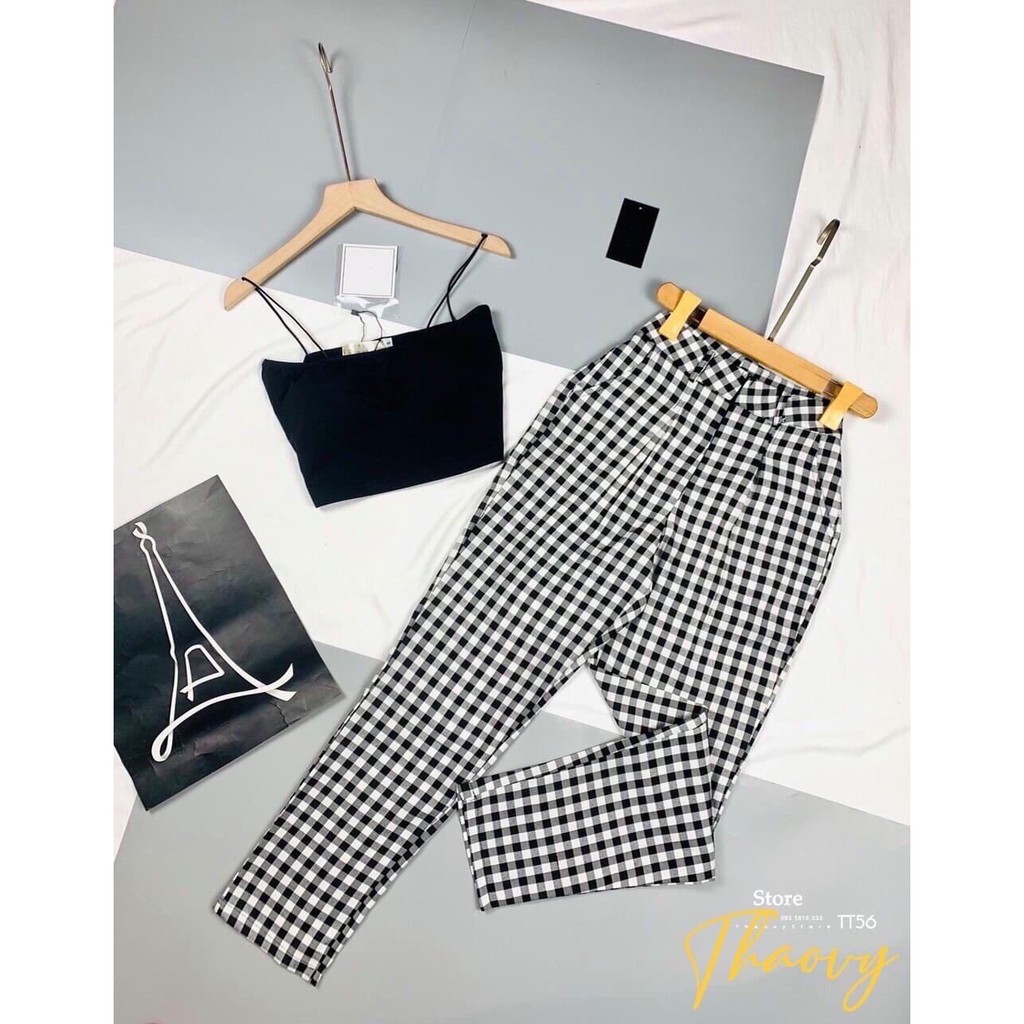 set áo croptop dây bún kèm quần tây carro xinh cực hot hit xinh xắn