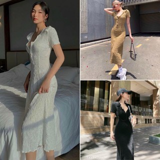 Đầm midi thun nhún form xoè nút ngực cá tính