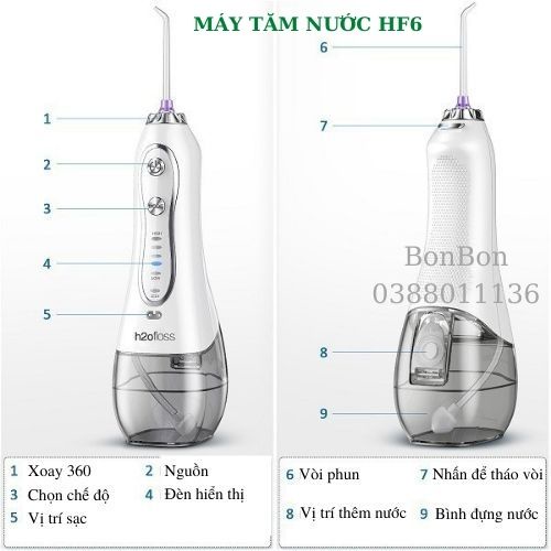 Máy tăm nước cầm tay H2ofloss HF6/HF6P/HF9P Phiên bản cao cấp 5 tốc độ dung tích 300ml Bảo hành 6 tháng