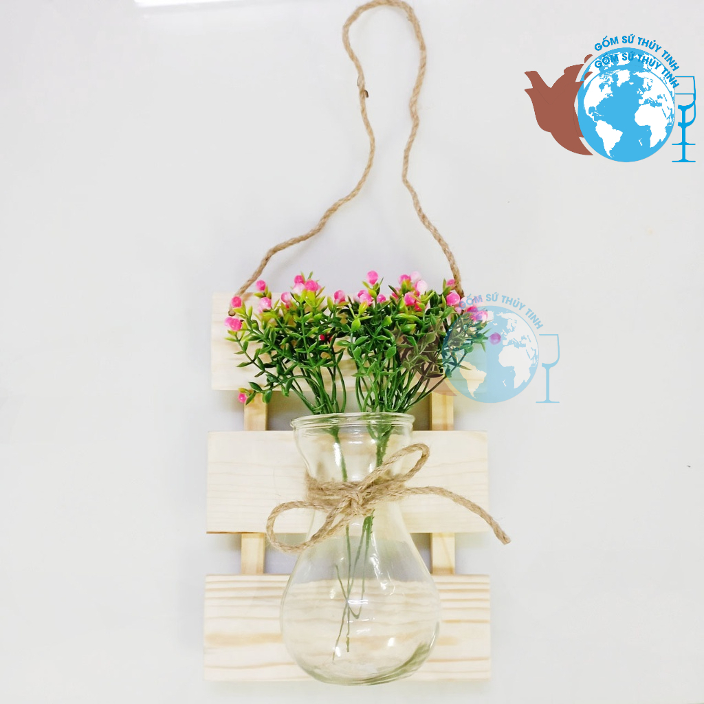 Khung gỗ treo tường kèm lọ cắm hoa thủy tinh miệng loe cực xinh / lọ hoa treo tường trang trí - G02