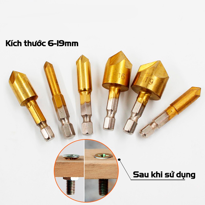 Bộ 6 Mũi Doa Âm Miệng Lỗ Bắt Âm Vít 5 Lưỡi Phay VITO Phủ Titanium 6-19mm Chuôi Lục Giác