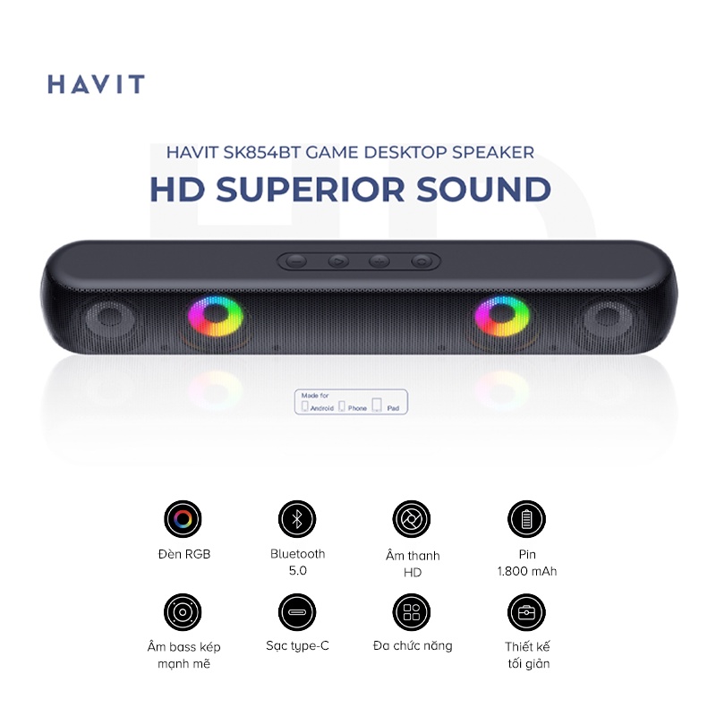 Loa BT HAVIT SK854BT, Công Suất 2*5W Mạnh Mẽ, Hiệu Ứng Đèn RGB,, Thời Gian Chơi Nhạc Lên Đến 7H - Hàng Chính Hãng