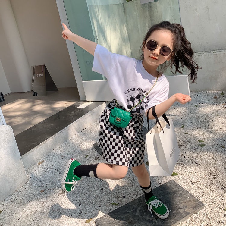 Set Áo Thun Ngắn Tay + Chân Váy Caro Phong Cách Hàn Quốc Thời Trang Mùa Hè Cho Bé Gái