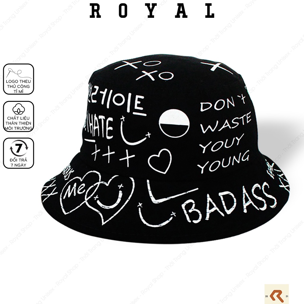 Mũ Bucket Nón Bucket Tai Bèo Nam Nữ Graffiti Xo Badass Don't Waste Young Đen Vải Kaki Unisex - Royal Caps