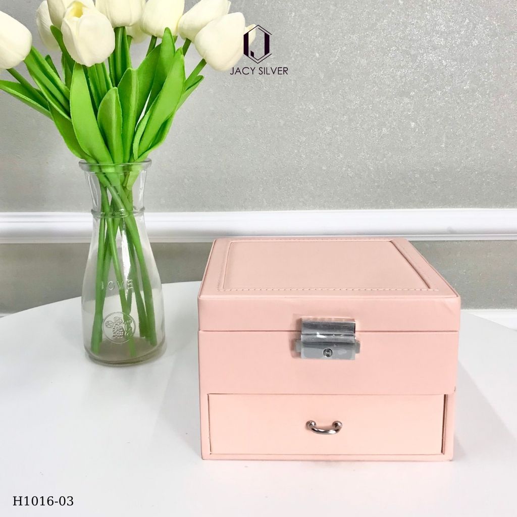 Hộp da đựng trang sức, dây chuyền, nhẫn, khuyên tai 2 tầng kèm gương H1016