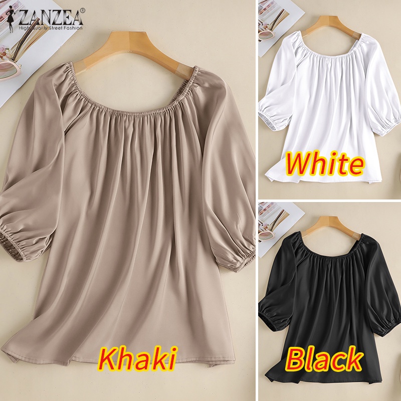 Áo Sơ Mi Vải Satin Tay Lửng Cổ Tròn Màu Trơn Thời Trang Đường Phố Thanh Lịch Cho Nữ ZANZEA