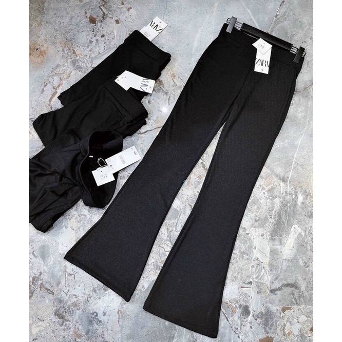 Quần nữ lưng cao ống loe siêu dài chất len tăm dày dặn hai màu đen xám, áo croptop 2 dây, áo ba lỗ
