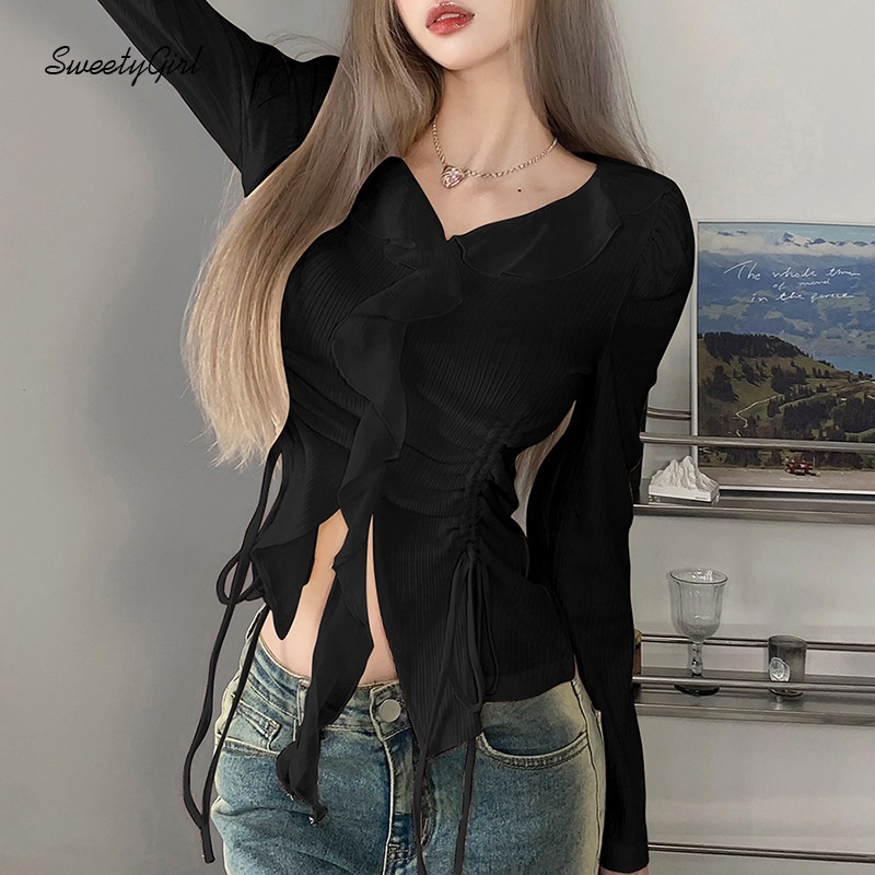 Áo Thun Tay Dài Cổ Chữ V Ôm Eo Màu Trơn Thời Trang 2022 Dành Cho Nữ