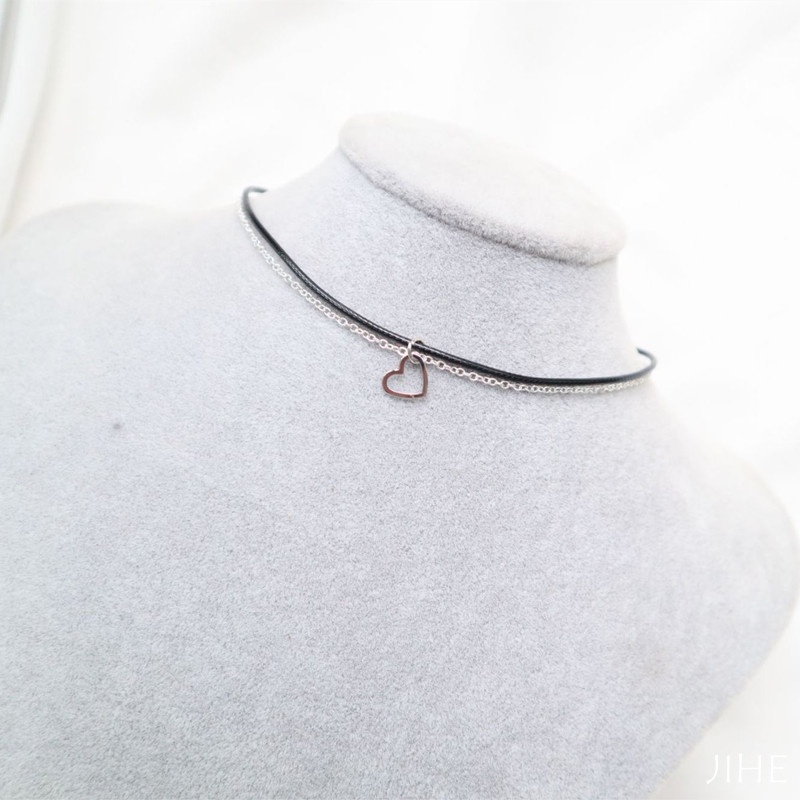 Vòng Cổ Choker Hai Lớp Mặt Hình Trái Tim/Lá Màu Đen Đơn Giản Thời Trang