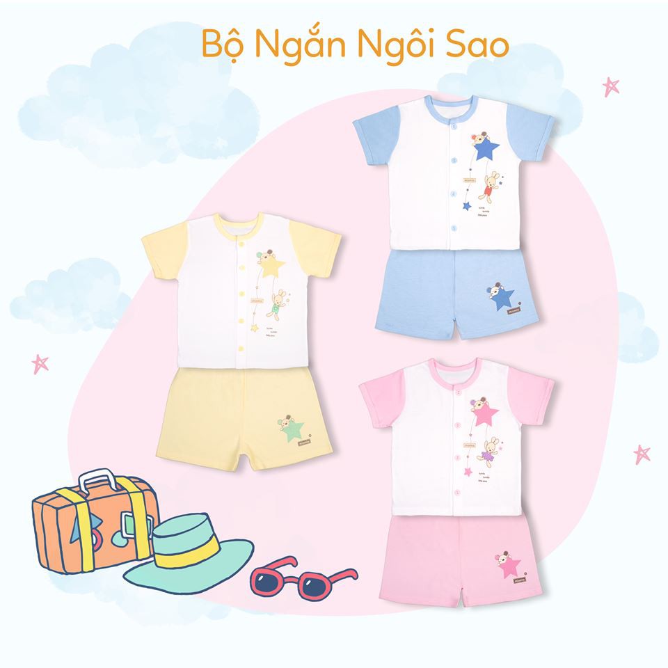 Bộ Sơ Sinh Cài Giữa Cộc Tay MIOMIO, Họa Tiết Ngôi Sao Dành Cho Bé Trai Bé Gái (từ 0-12 tháng), 100% Cotton