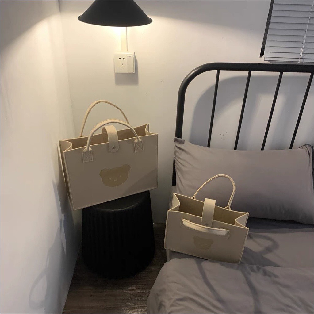 Set 2 túi xách tay thời trang hàn quốc chất nỉ in họa tiết gấu siêu đáng yêu phong cách Ulzzang