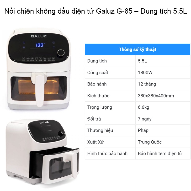 Nồi chiên không dầu Galuz 5.5L model G-65 &amp; G-68 điện tử dung tích - Hàng chính hãng, Bảo hành 18 tháng