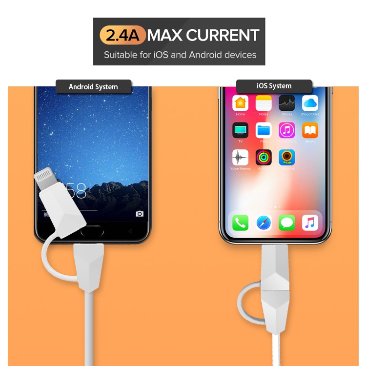 Cáp sạc nhanh 2.4A đa năng 2 in 1 dài 1M chuyên sạc các dòng điện thoại SamSung iPhone bảo hành 1 năm IL16 dây sạc