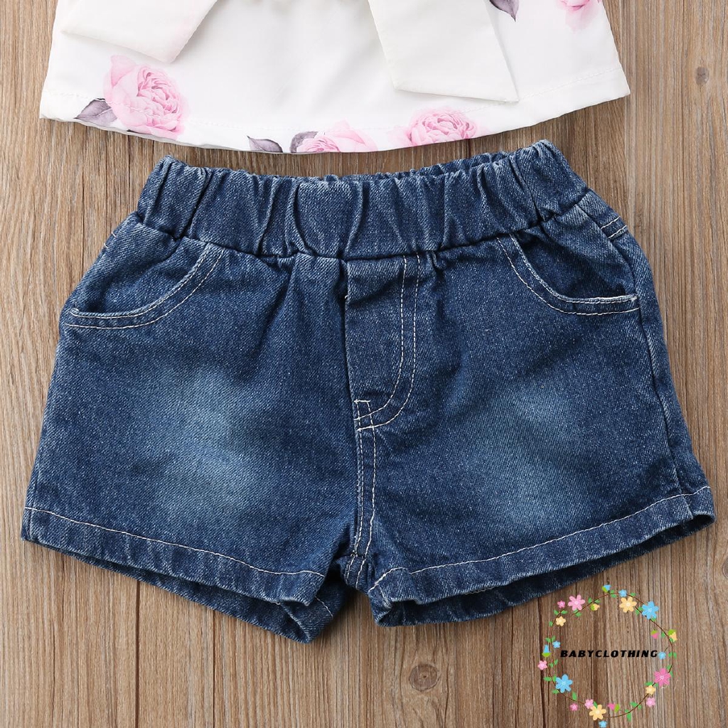 Set áo thun ngắn tay trễ vai + quần short denim dễ thương cho bé gái