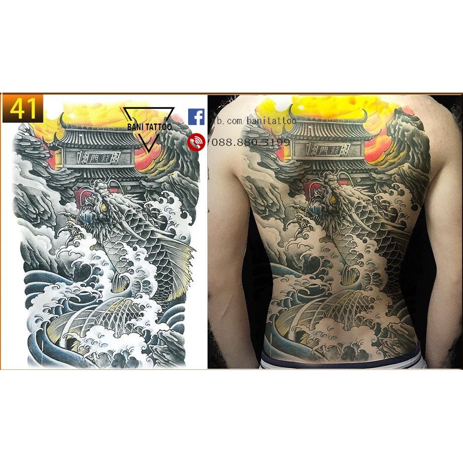 Hình xăm dán kín, full, bít lưng cá chép hóa rồng, song ngư, xăm tạm thời chống nước JULLY Tattoo chất