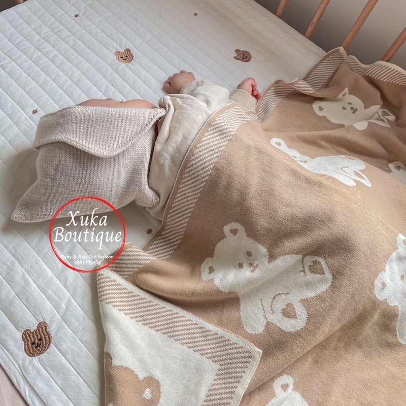 Chăn Len Dệt Gấu Nâu Xuất Hàn Siêu Đẹp