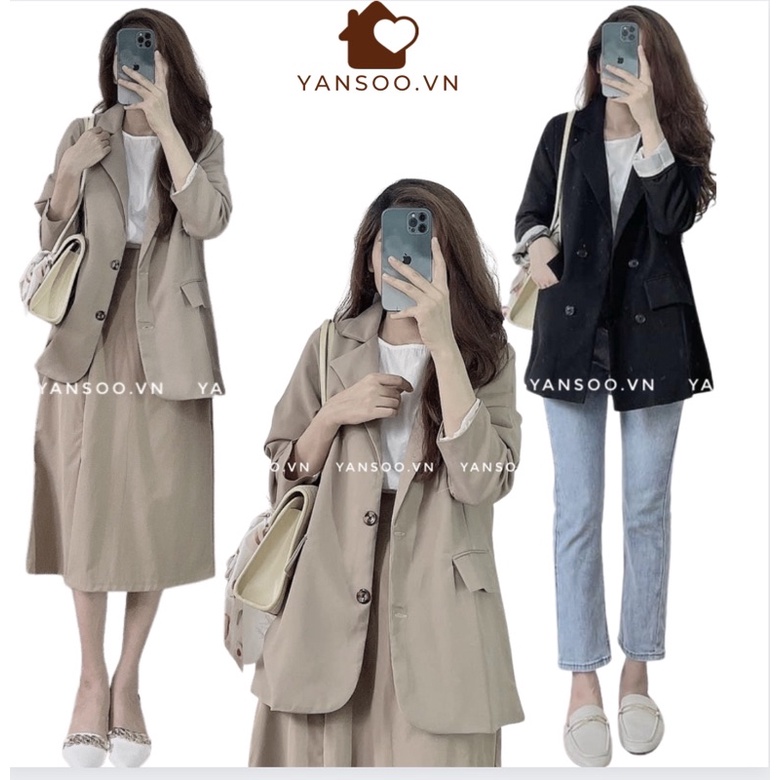 Áo khoác blazer hai lớp túi lắp chất đẹp , áo vest hai mau đen và kem siêu hót( sẵn hàng) by YANSOO
