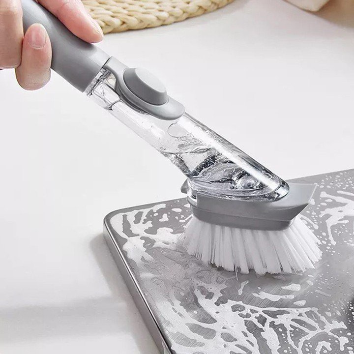Dụng cụ chùi rửa , chảo, xong, đĩa, bát đa năng có cán tay cầm kèm ngăn chứa xà phòng tiện lợi