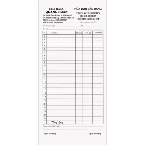12 quyển hoá đơn A3 chia 3 khổ 14x30cm loại 2 liên quyển 100 tờ