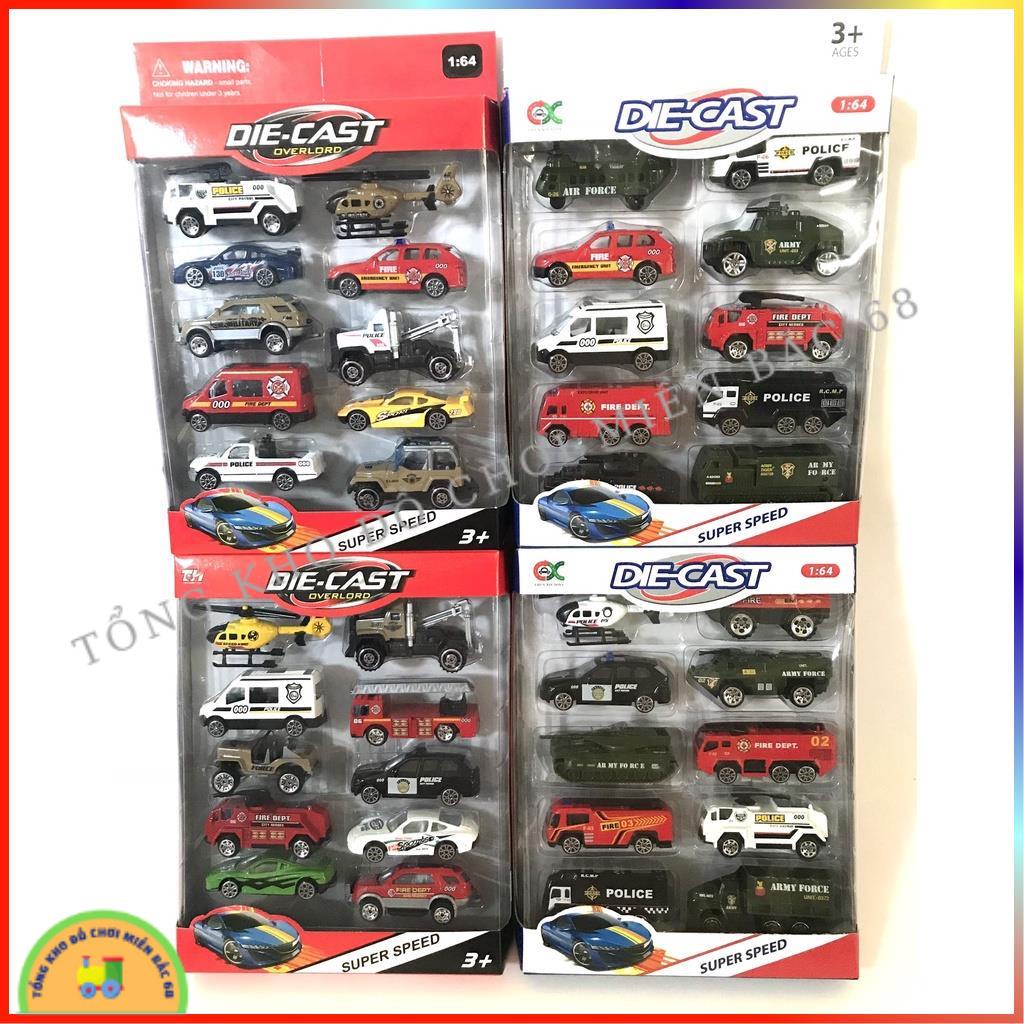 Đồ chơi Hộp 10 xe ô tô sắt quân sự cứu hỏa, cảnh sát, máy bay, xe tăng siêu bền cho các bé trai TKMB68