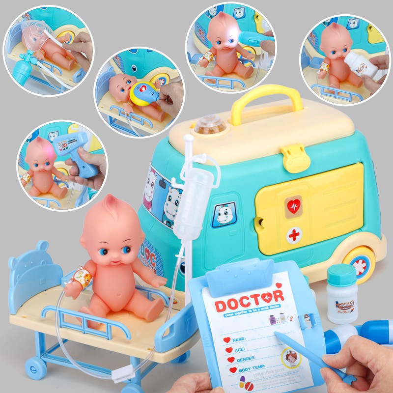 ﹊●✌Xe cứu thương trẻ em chơi nhà tiêm thuốc bác sĩ nhỏ bộ đồ hộp dụng cụ cho bé trai và gái Ống nghe y tế