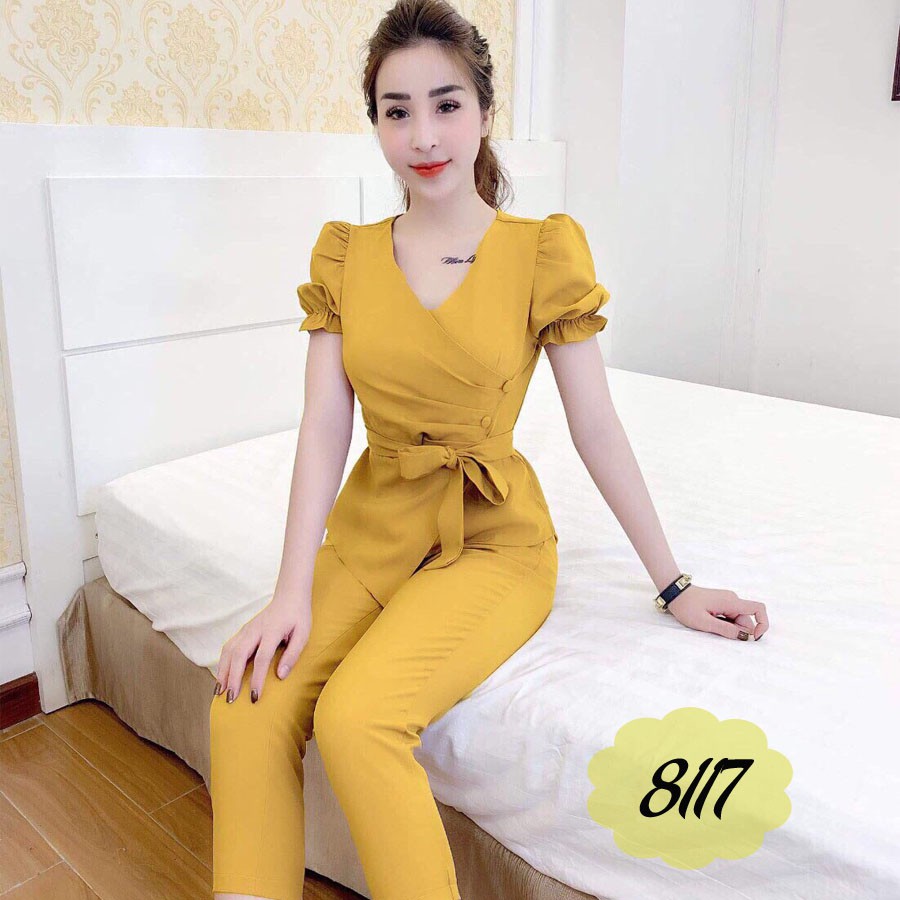 Set Bộ Nữ Công Sở Cột Nơ Tay Nhúng Quần Lửng Cực Kỳ Dễ Thương | BigBuy360 - bigbuy360.vn