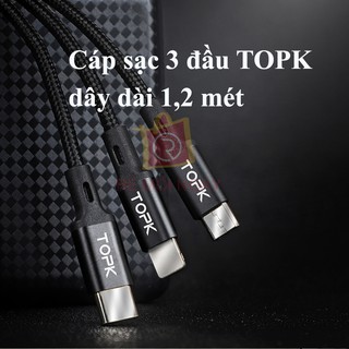 Cáp Sạc TOPK 3 đầu AN20 Chính Hãng dây dài 1m2