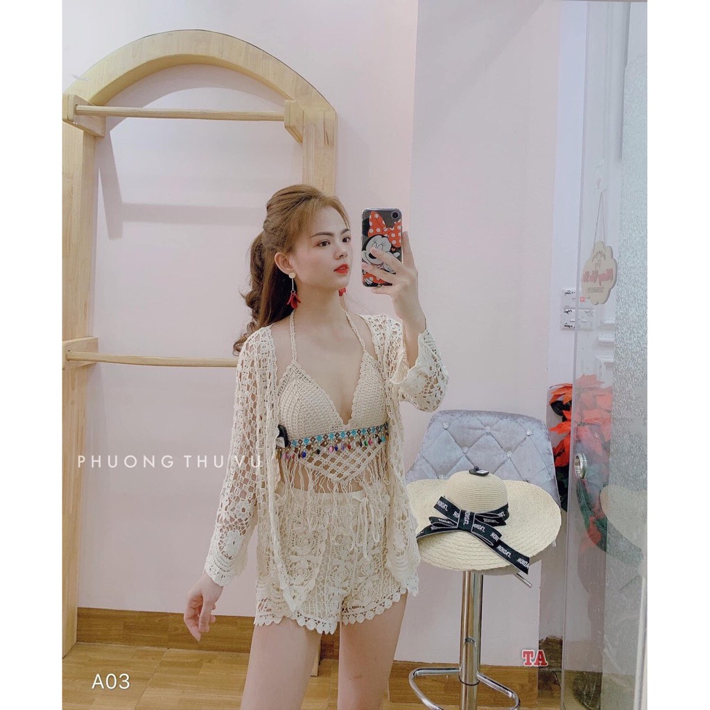 [PHỤ KIỆN ĐI BIỂN+ BIKINI+ ÁO BƠI]SÉT REN CỔ YẾM TRÁNG HẠT MÀU KẾT HỢP ÁO CHOÀNG LƯỚI