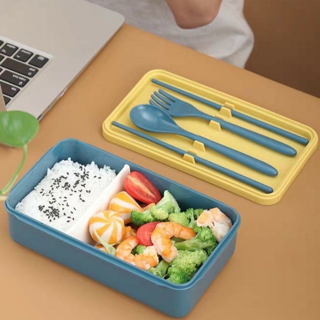 [Chính Hãng] Hộp Đựng Cơm Giữ Nhiệt Ăn Trưa Văn Phòng 2 Ngăn- Nhựa/Lúa Mạch- Kèm Thìa Dĩa Đũa- Sử Dụng Lò Vi Sóng