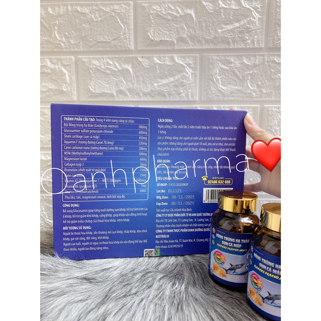 Viên uống Đông trùng hạ thảo sụn cá mập Canxi nano MK7 - (Hộp 2 lọ x 30 viên)