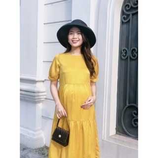 Váy bầu L'AMME màu vàng ảnh chụp thật , cực sang trọng thoải mái- Mẫu váy suông thần thánh cho mẹ bầu