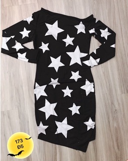 Đầm thun in sao lệch vai body