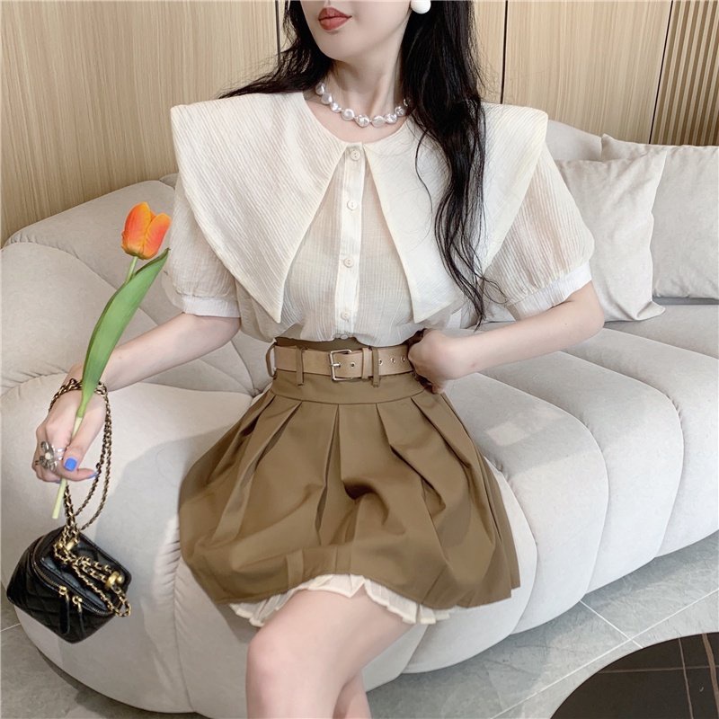 Set Váy + Áo Sơ Mi  Chân Váy Xếp Ly Có Đai Rời Kèm Áo Sơ Mi Cổ Nhọn Siêu Xinh Hk Shop9720