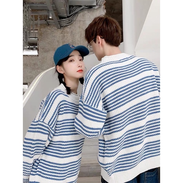 &lt;&lt;Có sẵn&gt;&gt; Áo len sọc dài tay thời trang kiểu Hàn quốc Unisex Nam Nữ