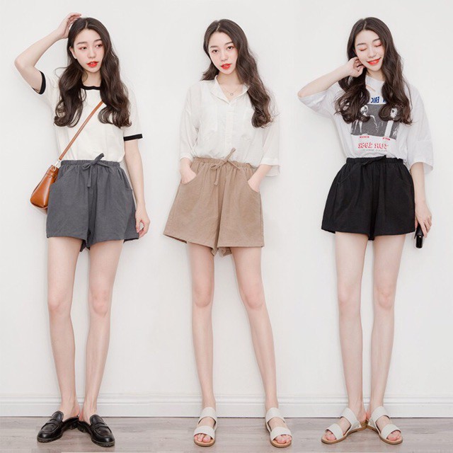 Quần short nữ bigsize vải đũi cạp cao mặc nhà ống rộng