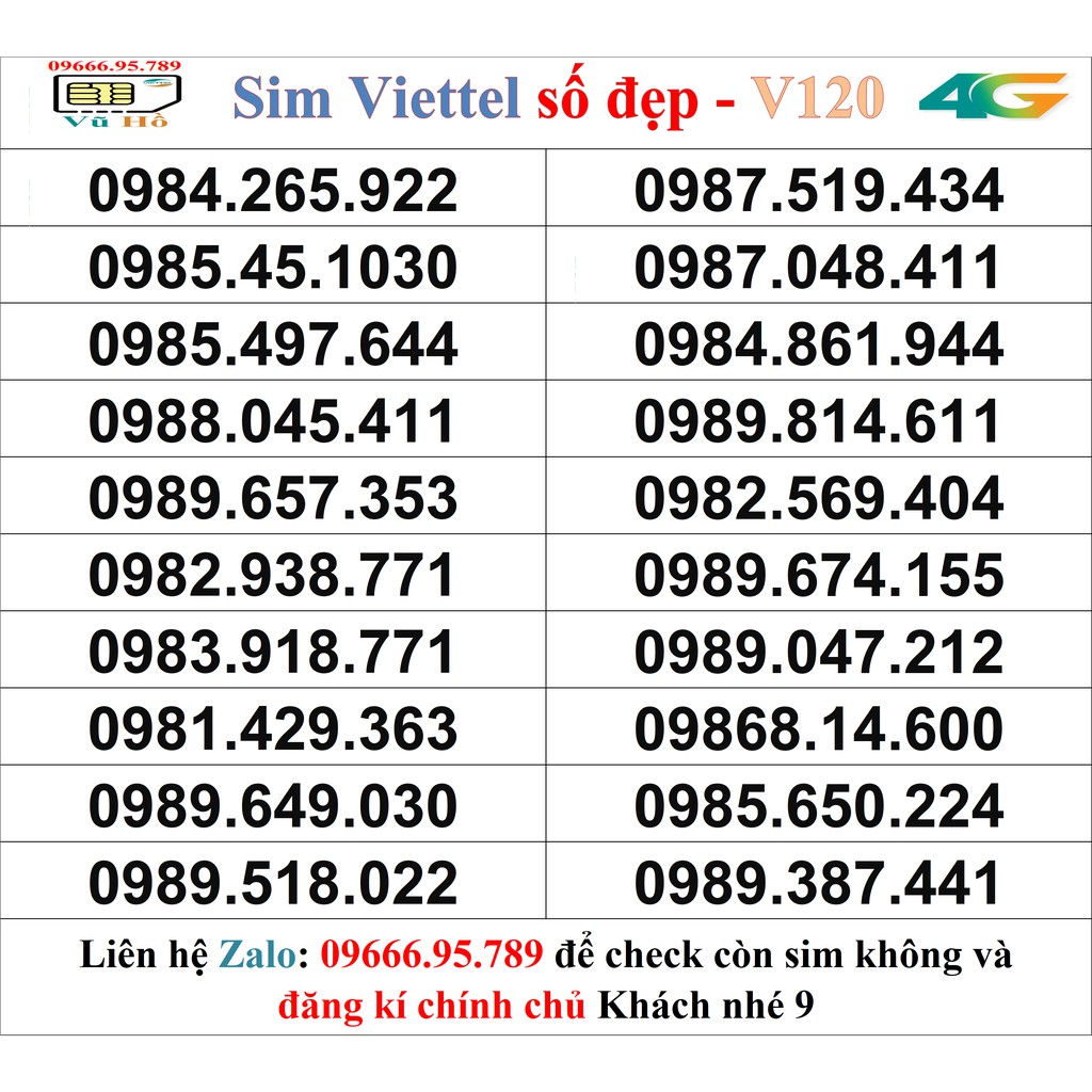 Sim Viettel V120 đầu 09 số đẹp giá rẻ 9