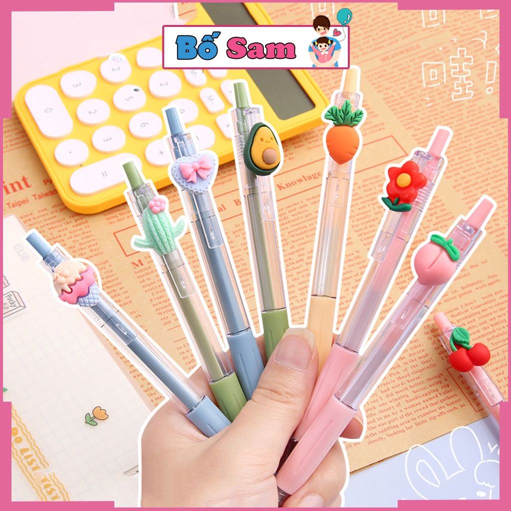 Bút bi nước cute mực đen ngòi 0.5mm, vỏ bút trong suốt gắn hoa quả dễ thương Shop Bố Sam