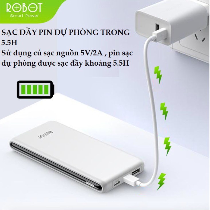 Pin Sạc Dự Phòng 10000mAh ROBOT RT180 -1 Output USB &amp; 2 Input Micro/Type-C